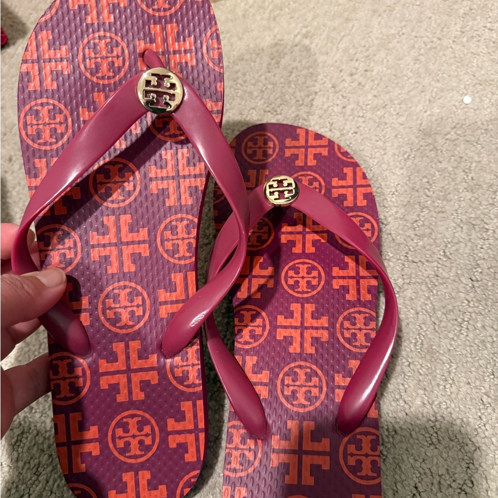 Tory Burch Berry and Orange Logo Flip Flop Sandals